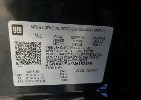 2021 Chevrolet Equinox Lt from USA, damaged, VIN 2GNAXUEV3M6162155